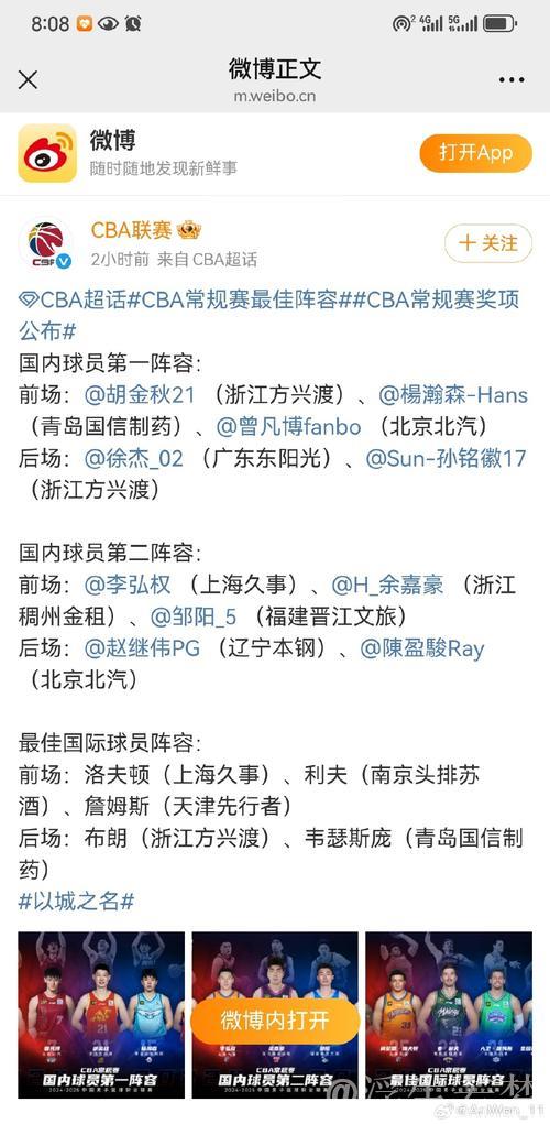 CBA揭晓本赛季常规赛各项荣誉